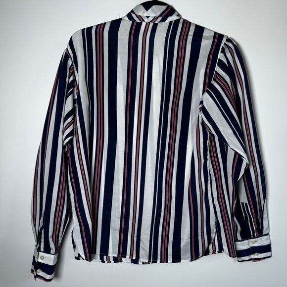 Vintage Evan Picone Neck Bow Blouse Womens 14 Striped Blue Red White Union Made - Picture 4 of 14